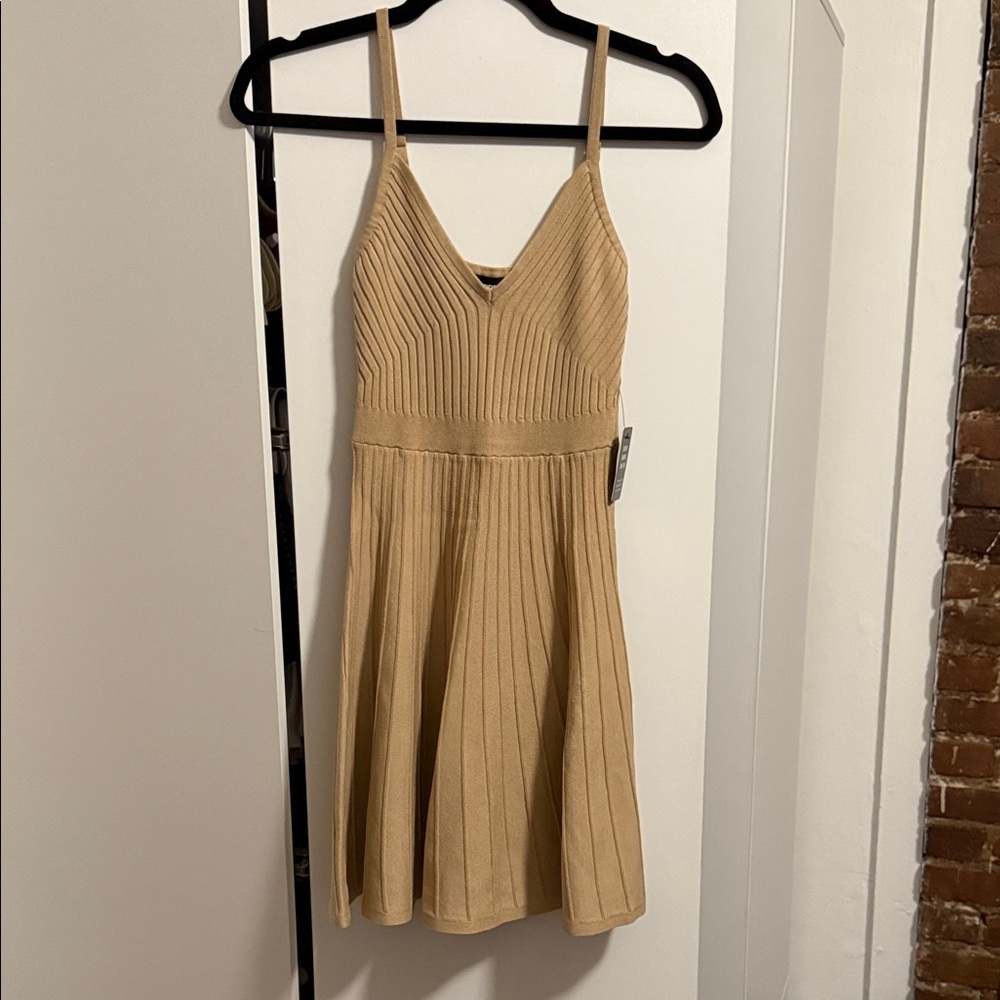 Express Ribbed V-Neck Fit and Flare Dress in Camel